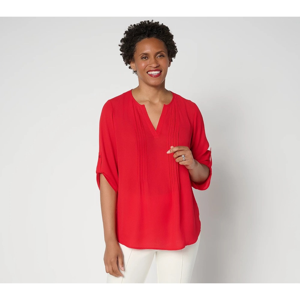 Joan Rivers Georgette Split V-Neck Pintuck Blouse Red small #910i